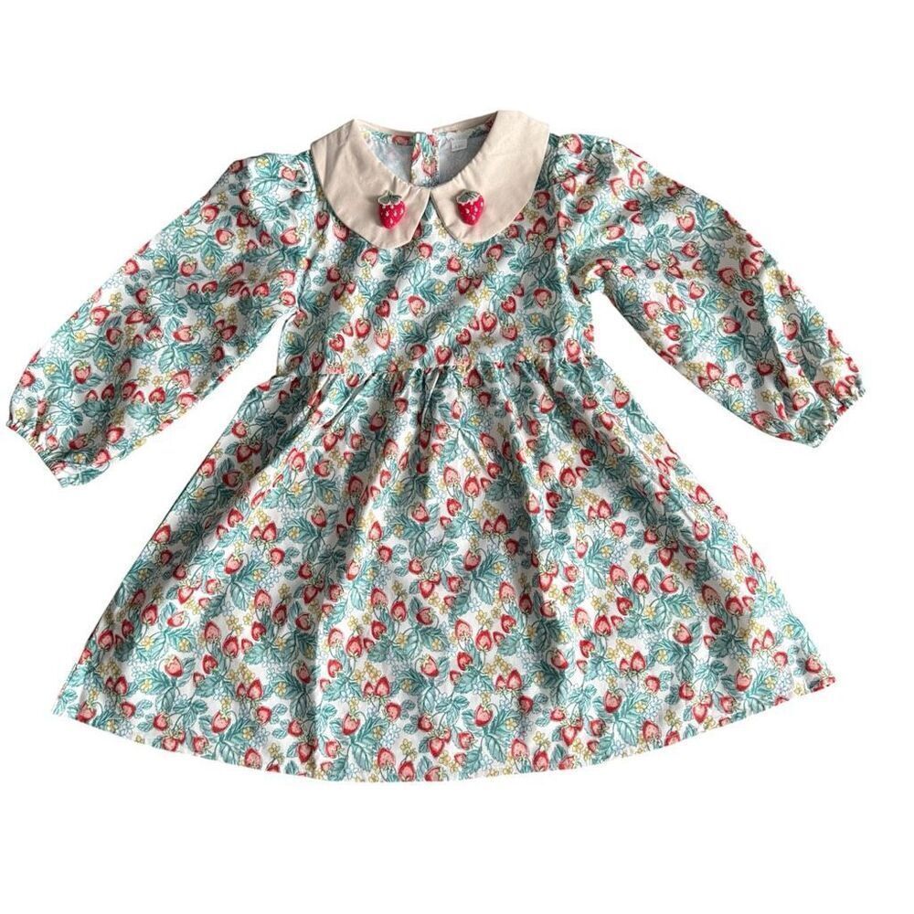 Floral Strawberry Dress With Peter Pan Collar Girls